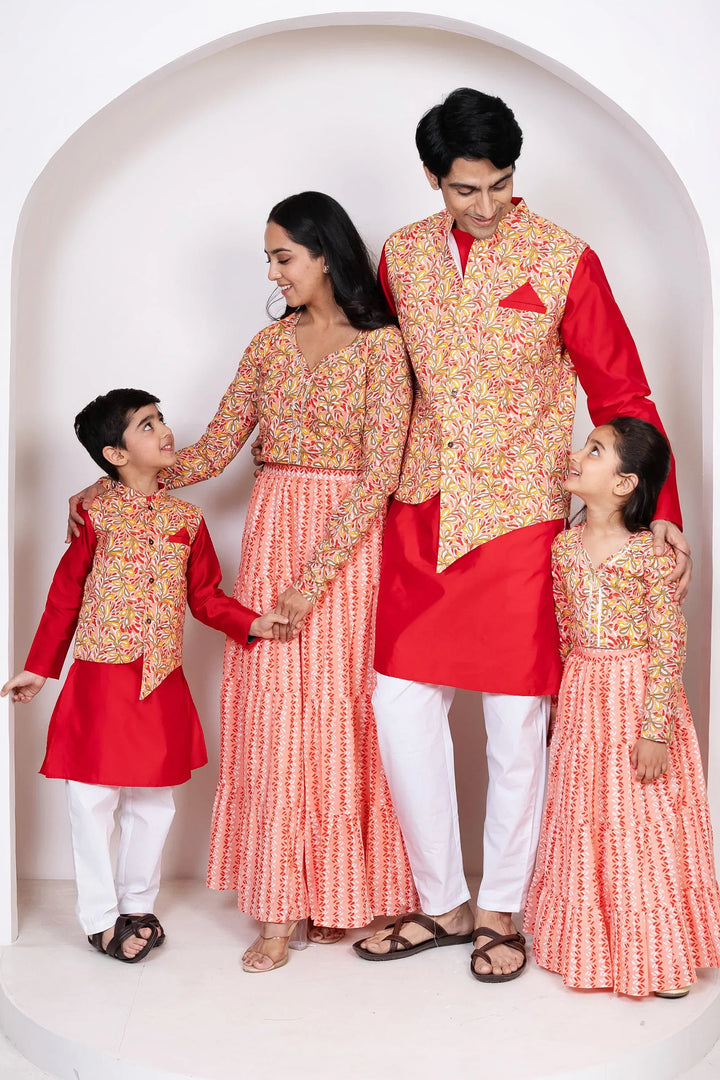 Red With Peach Floral Printed Lehenga Crop Top and Dupatta With Matching Kurta Pyjama