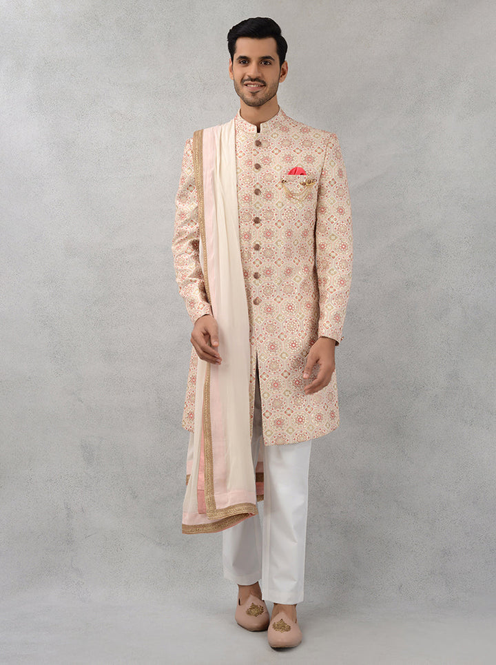 Cream silk blend embroidered indowestern with resham and sequins