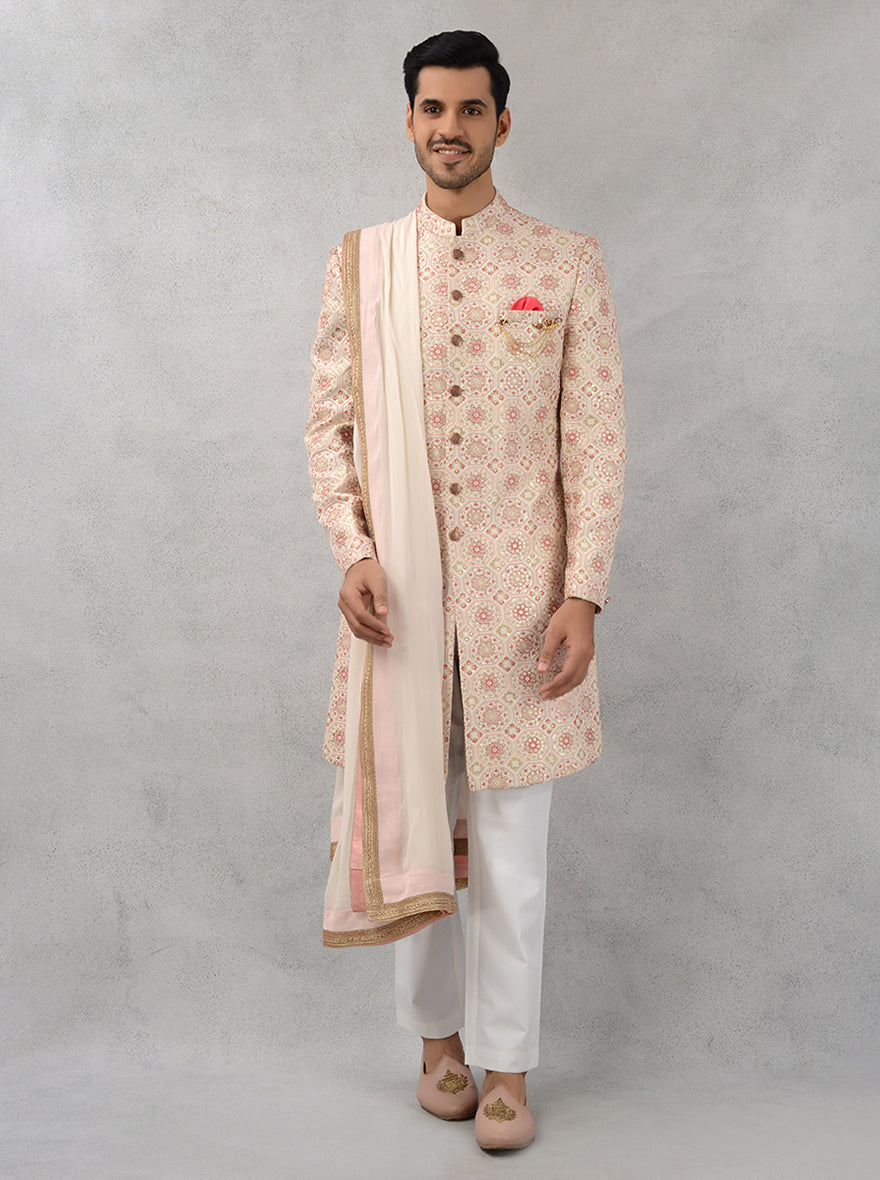 Cream silk blend embroidered indowestern with resham and sequins