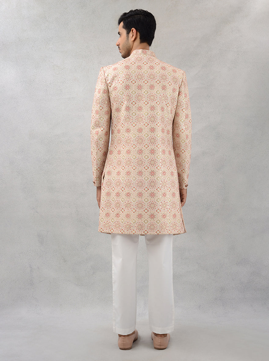 Stylish cream silk blend indowestern with resham & sequins work