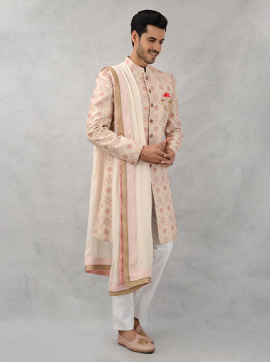 Resham and sequins embroidered cream indowestern for men