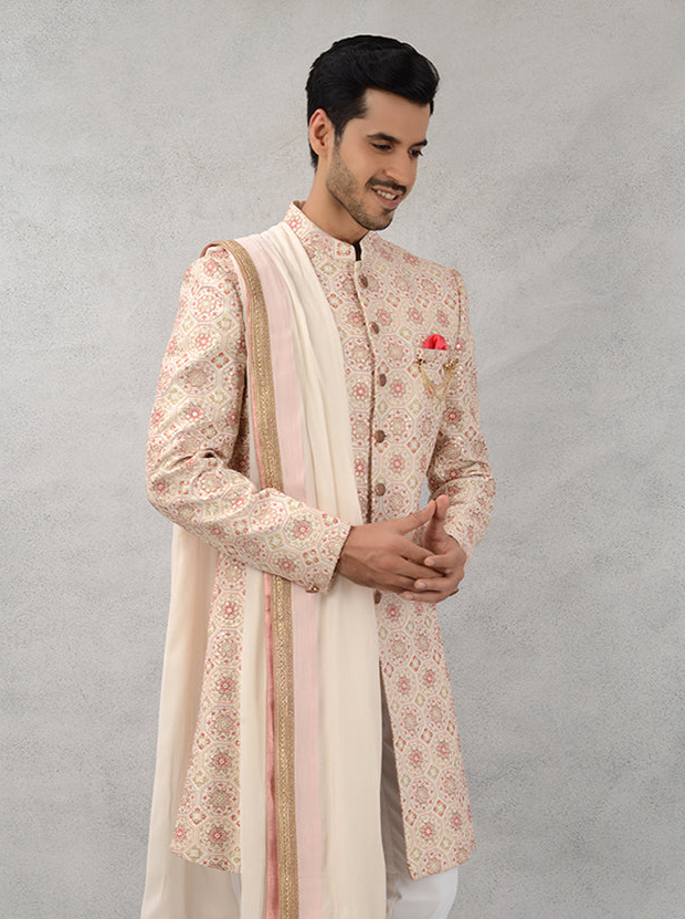 Cream Silk Blend Embroidered Indowestern | Resham & Sequins Work
