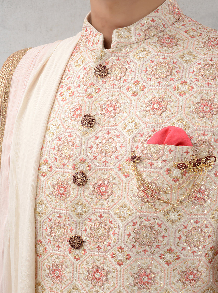 Elegant cream silk blend indowestern for wedding wear
