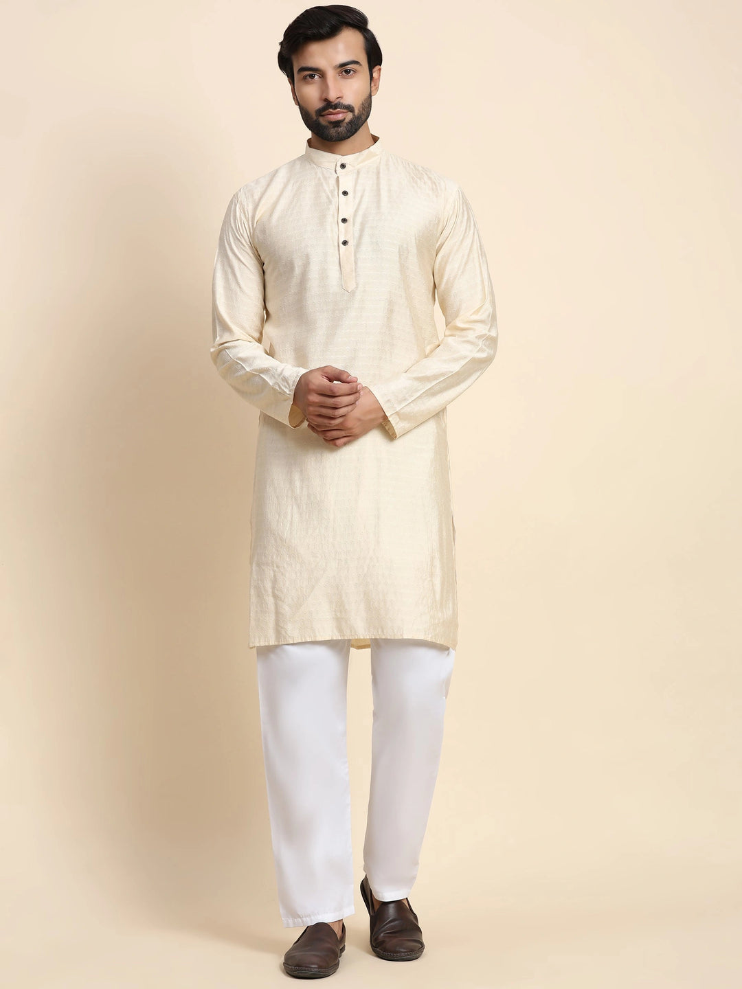 Cream Viscose Rayon Self Weaved Kurta | Traditional Wear for Men