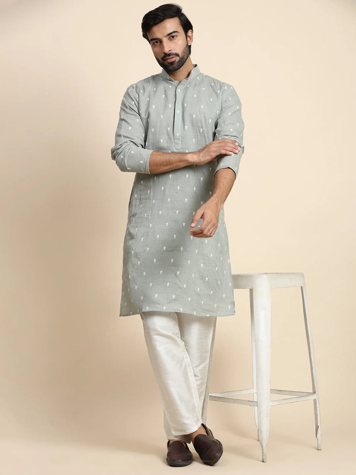 Green Pure Cotton Weaved Motif Kurta | Festive Wear for Men