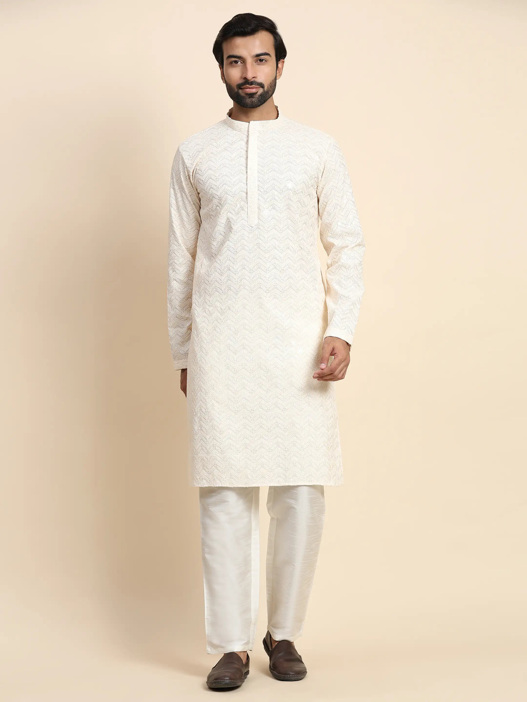 Refined Cream Jacquard Kurta | A Stylish Choice for Cultural Events