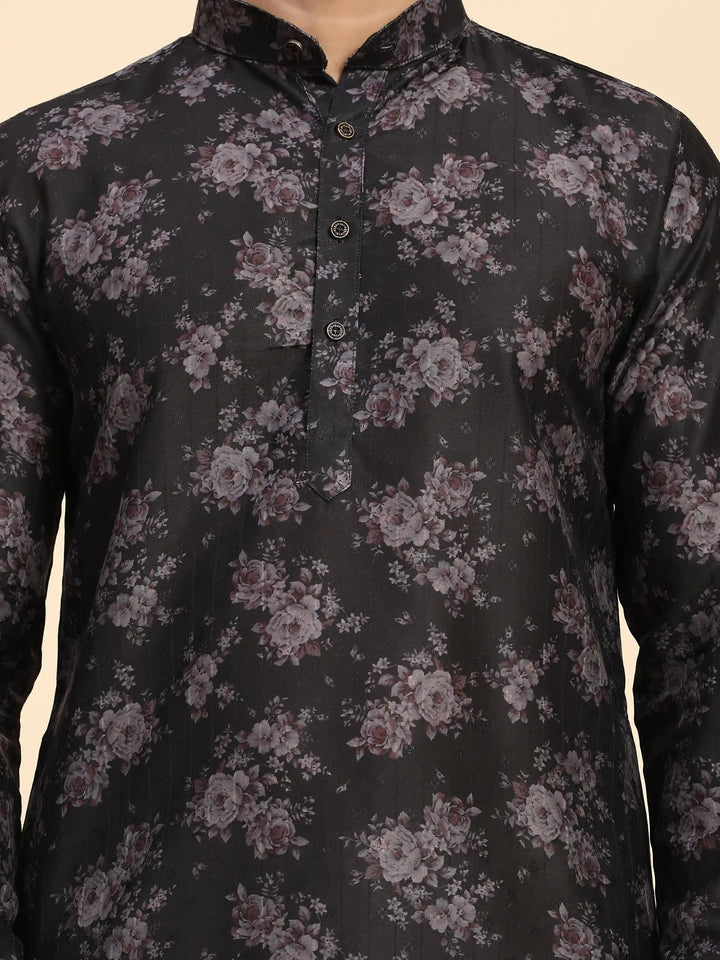 Black Midnight Blossom Kurta Pajama Set for Men | Sangeet & Festive Wear