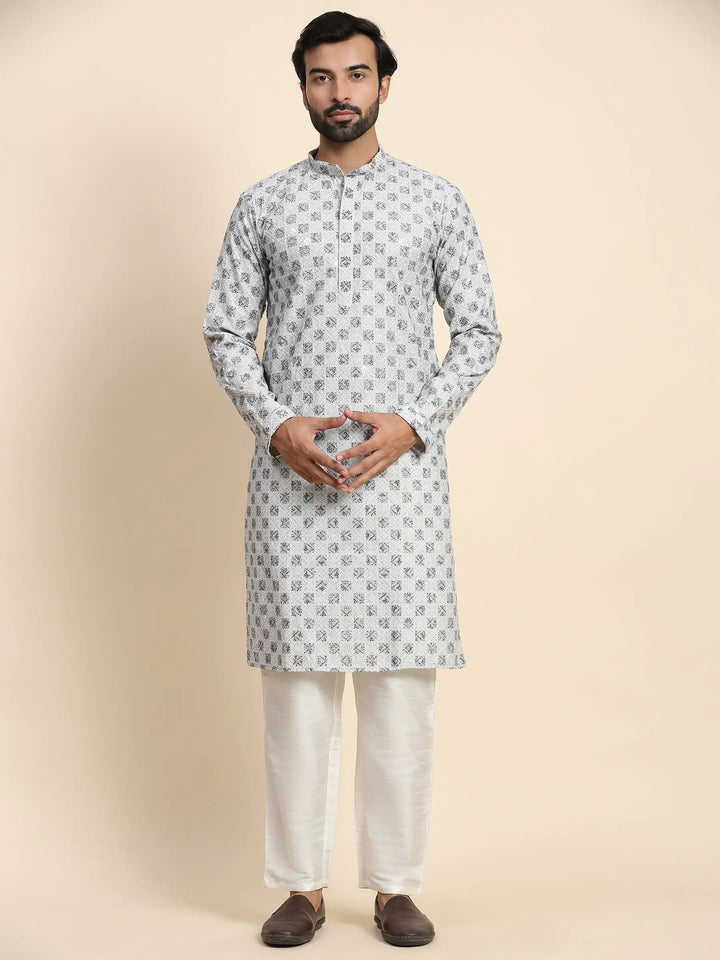 Modern Grey Cotton Chikankari Kurta | Ideal for Weddings & Celebrations