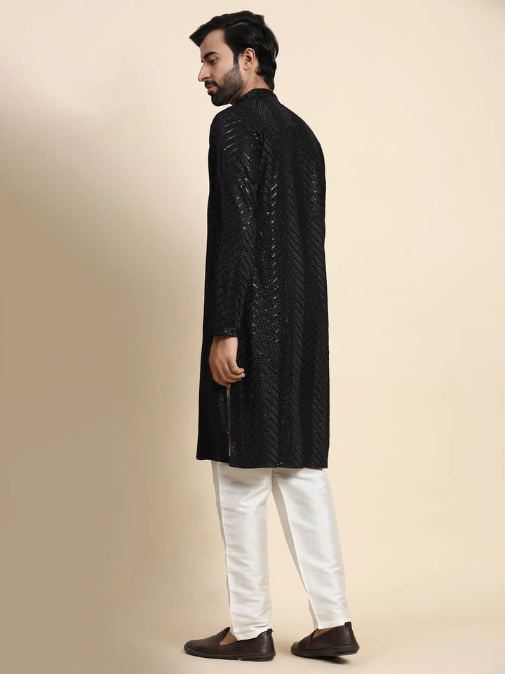 Black Cotton Embroidery Kurta for Men | Elegant Attire for Cultural Events