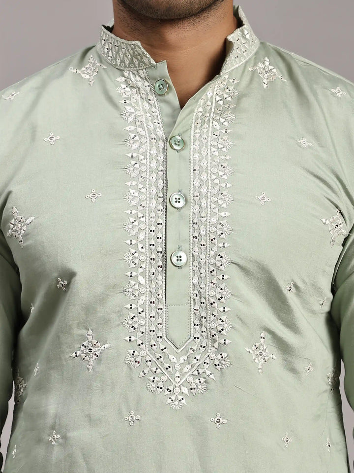 Light Pista green Silk Embroidery Kurta for Men | Elegant Traditional Wear
