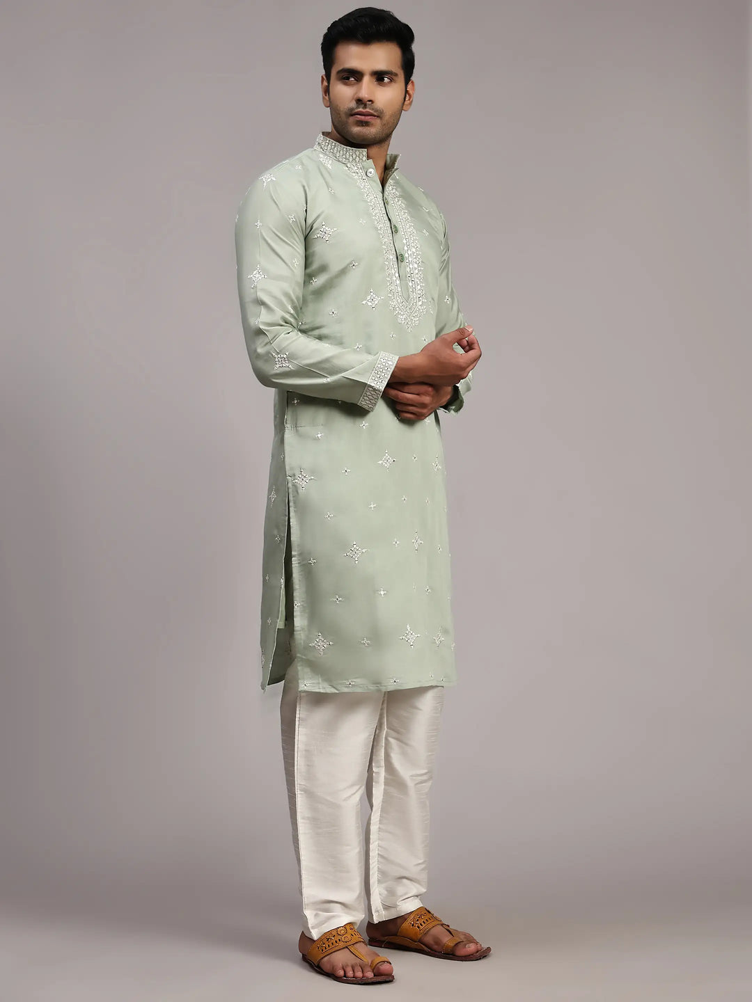 Light Pista green Silk Embroidery Kurta for Men | Elegant Traditional Wear