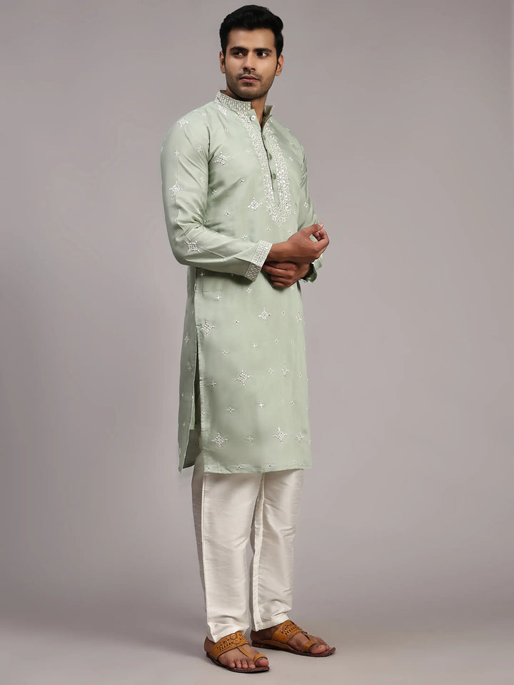 Light Pista green Silk Embroidery Kurta for Men | Elegant Traditional Wear