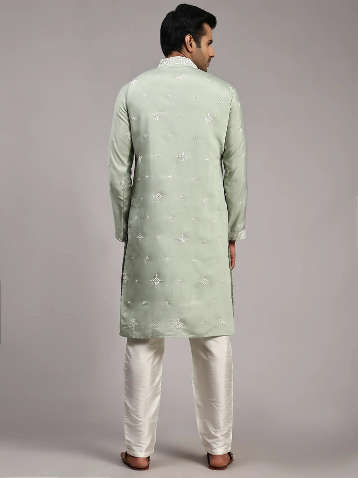 Light Pista green Silk Embroidery Kurta for Men | Elegant Traditional Wear