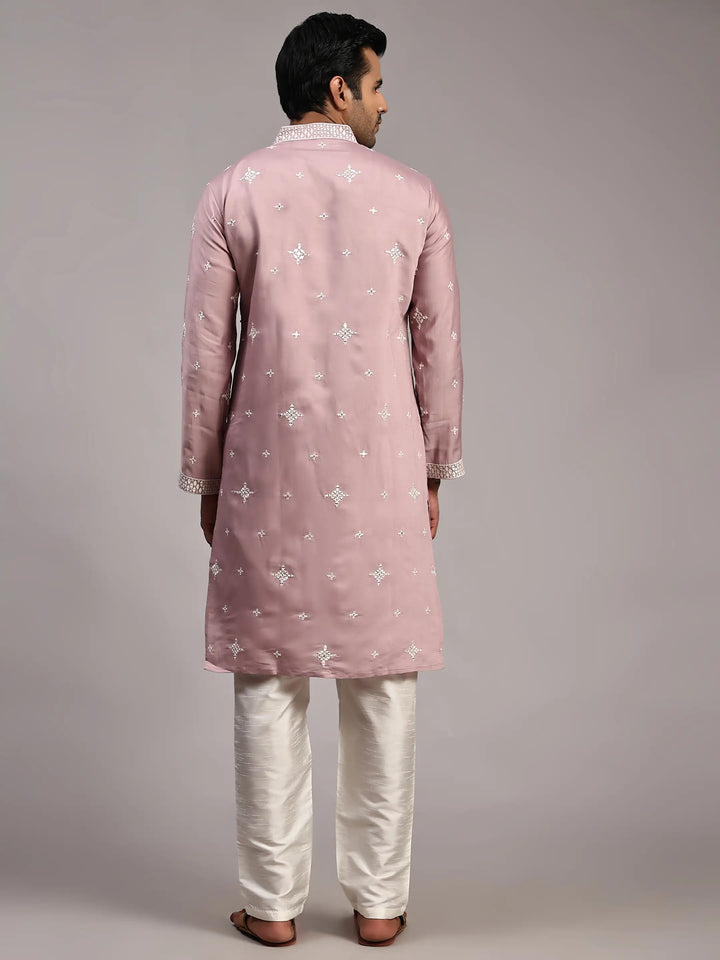 Traditional Pink Silk Kurta | Intricate Embroidery for Men’s Special Occasions