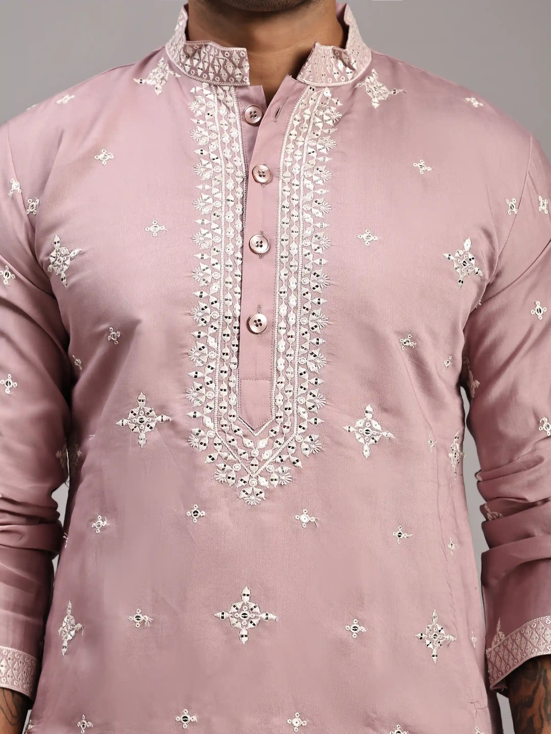 Traditional Pink Silk Kurta | Intricate Embroidery for Men’s Special Occasions