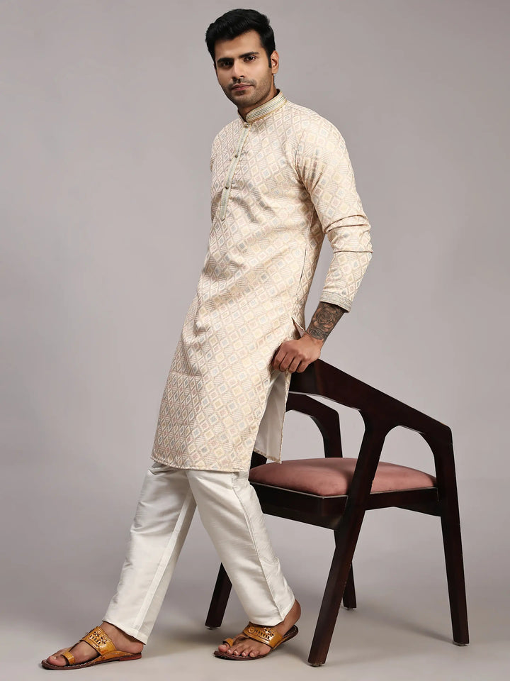 Men’s Cream Jacquard Kurta | Premium Viscose Fabric for Special Occasions