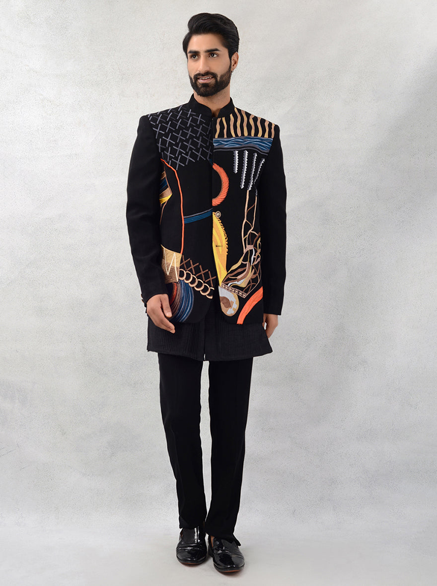 Black Jodhpuri Suit for men with embroidered design and mandarin collar, ideal for weddings.