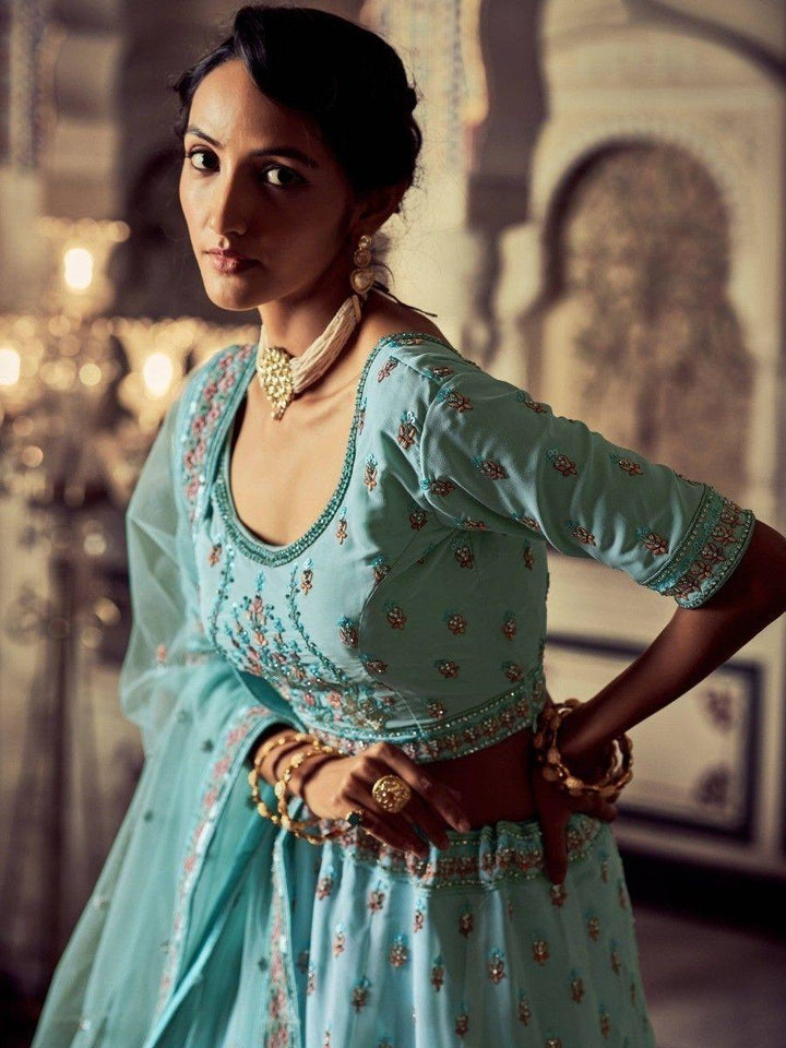 Sky Blue Lehenga Choli set | Georgette Material with Zarkan & Glitter Zari Embroidery