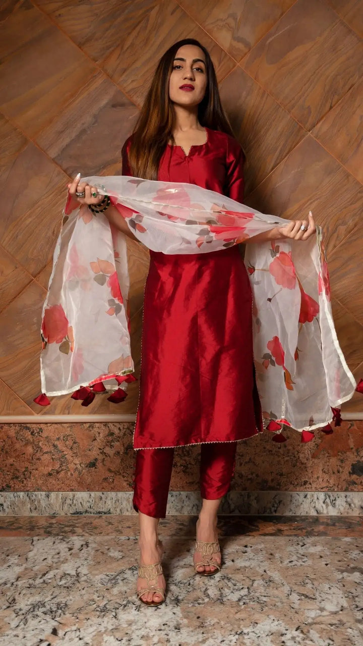 Maroon phool taffeta silk suit | with digital print organza dupatta set signature design