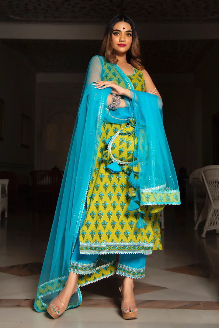 Gulzar Lime & Sky Blue Hand Block Cotton Kurta Suit Set | Organza Dupatta
