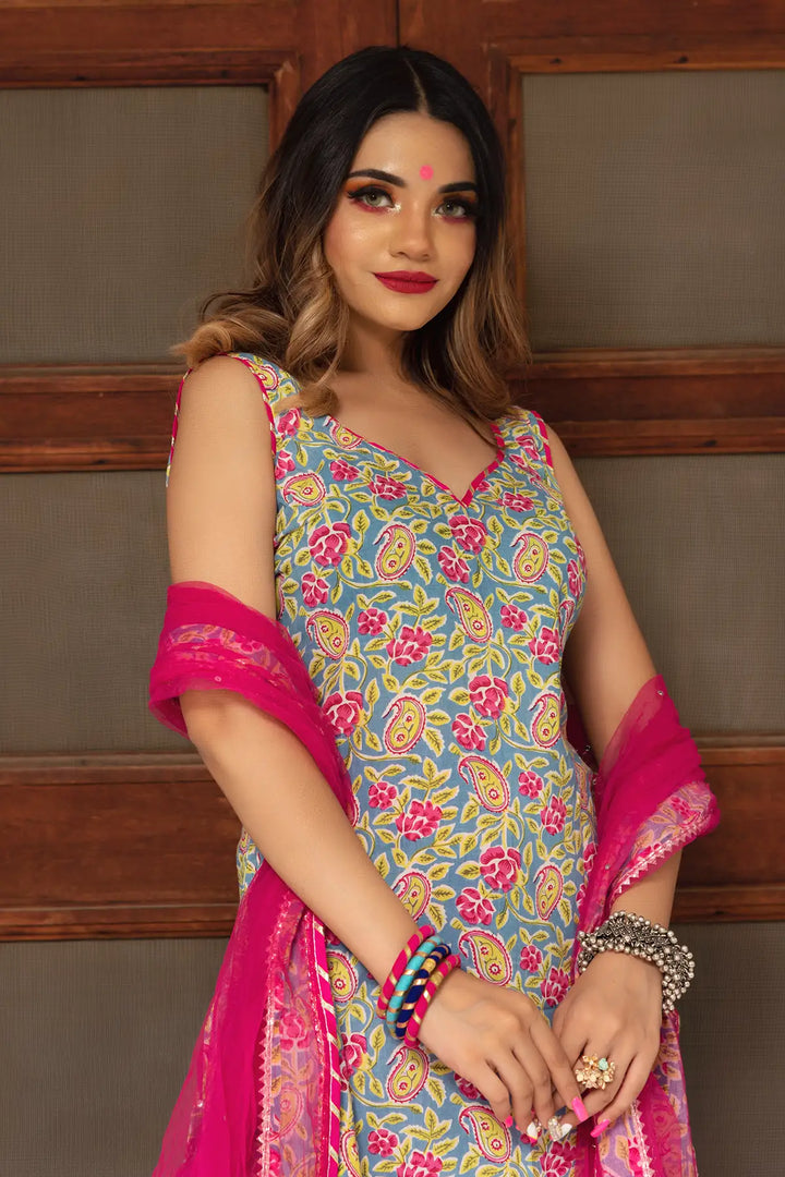 Jaipuri Straight Cotton Salwar Suit Set | Hand Block Print & Net Dupatta
