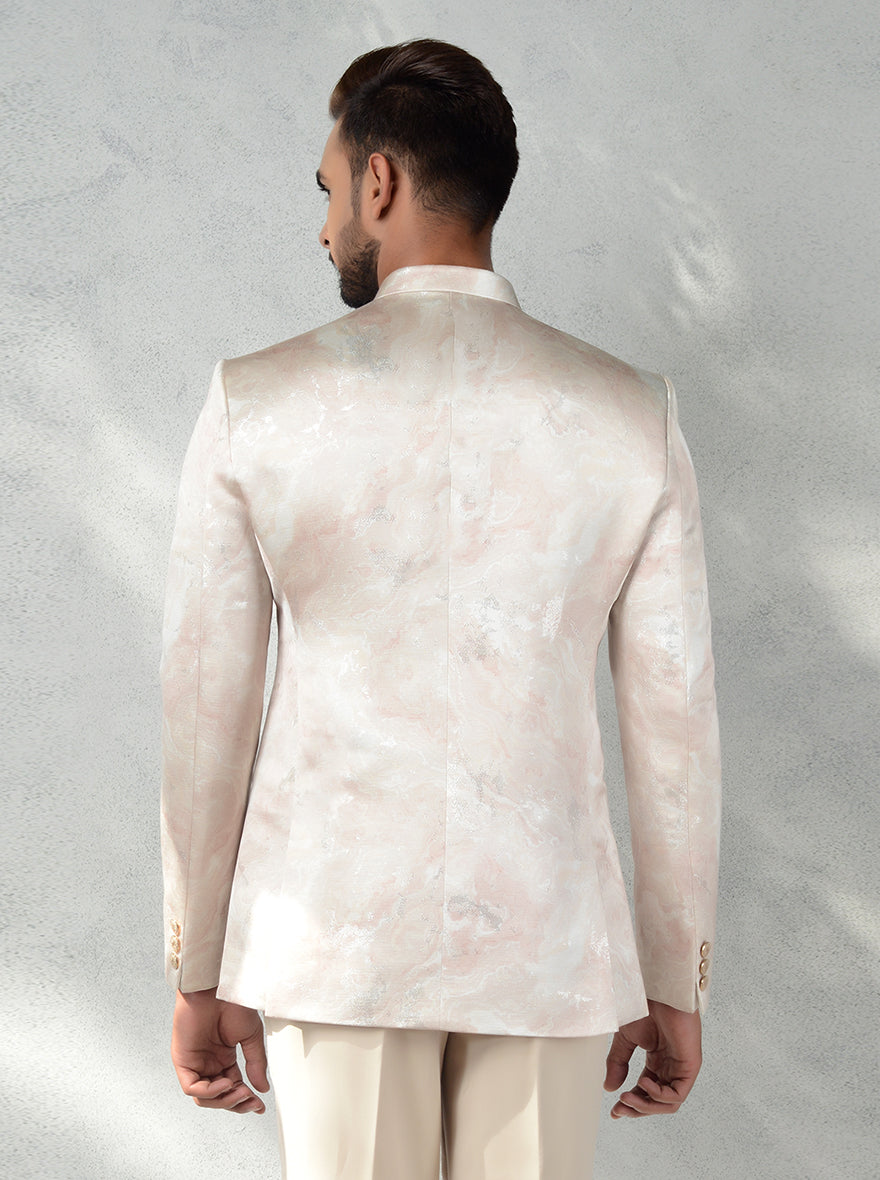 Stylish Beige Jodhpuri Suit for men with unique smoke clouds jacquard print.