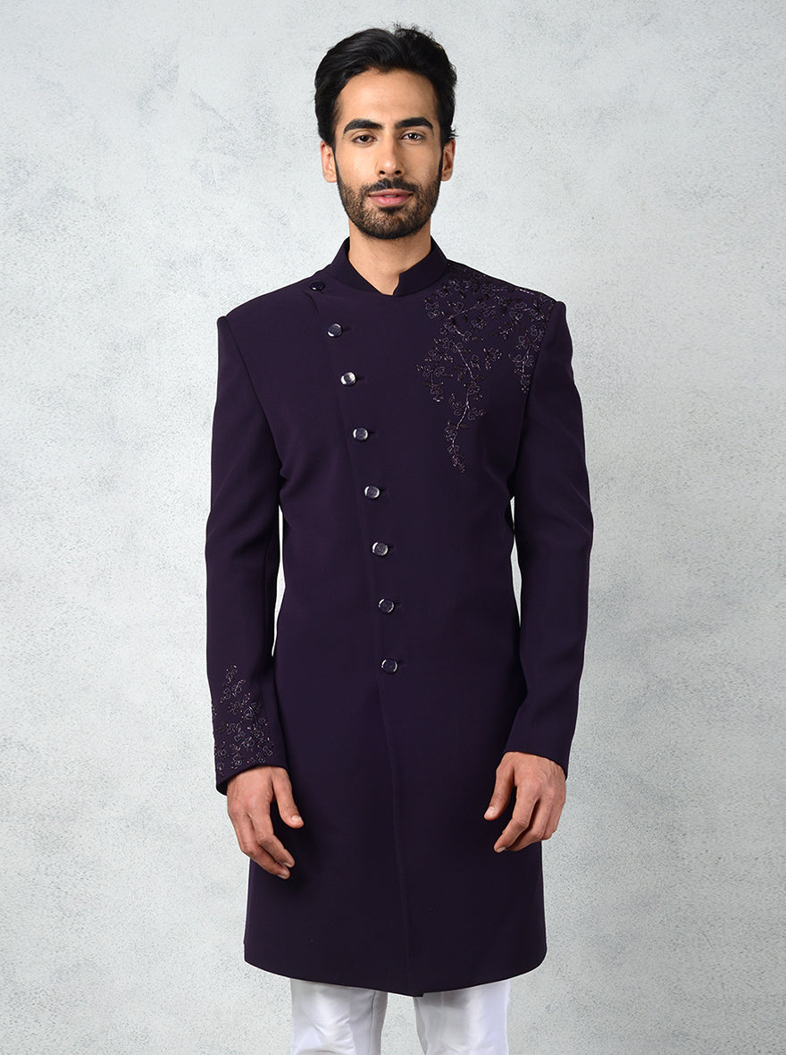 Elegant purple Indo-Western kurta for men, perfect for ethnic wear or parties.
