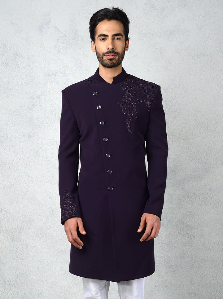 Elegant purple Indo-Western kurta for men, perfect for ethnic wear or parties.