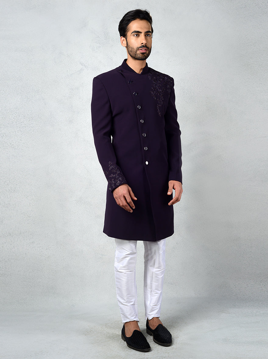 Purple Indo-Western kurta for men with mandarin collar and sleeve embroidery.