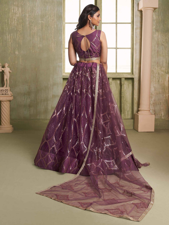 Attractive Wine Sequins Net Party Wear Lehenga Choli With Dupatta