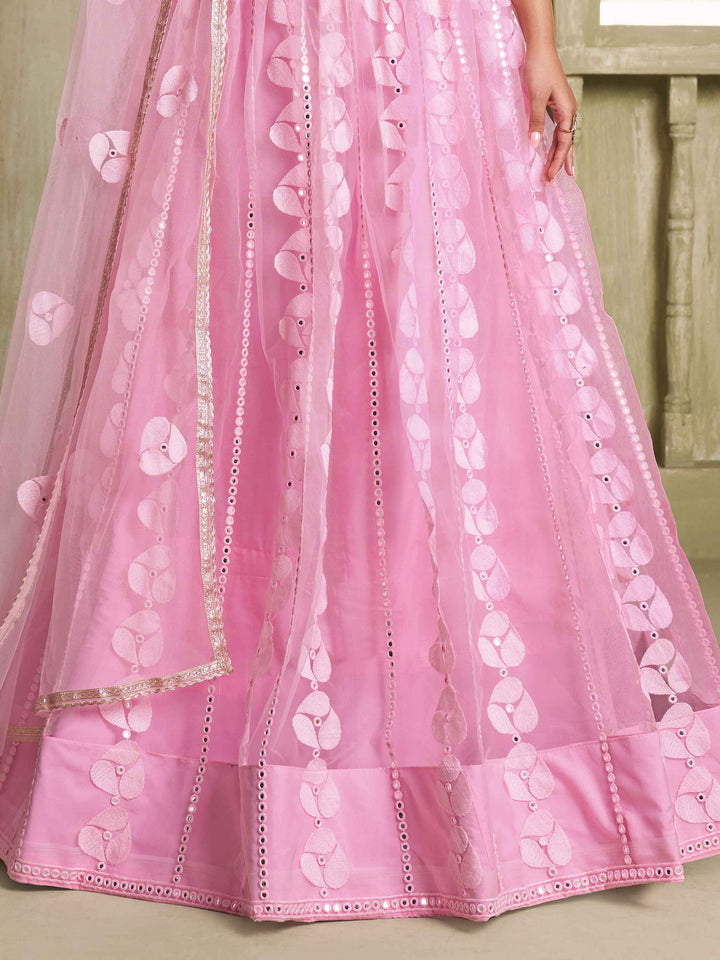 Alluring Pink Thread Work Net Bridesmaid Lehenga Choli With Dupatta