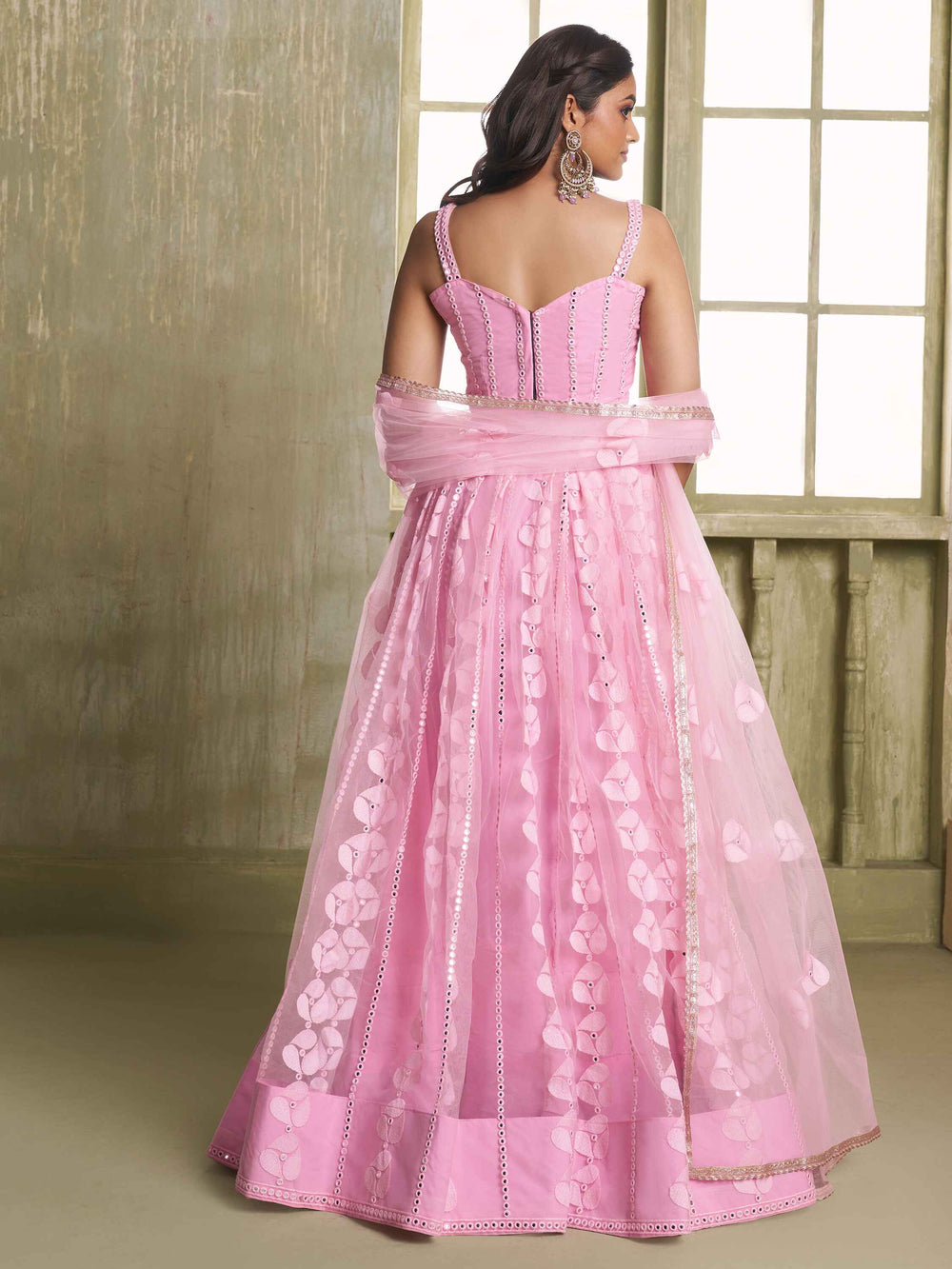Alluring Pink Thread Work Net Bridesmaid Lehenga Choli With Dupatta