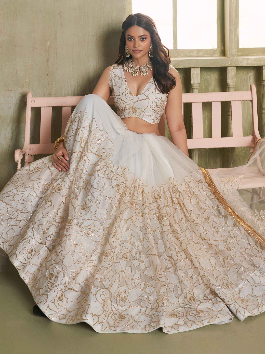 Amazing Off-White Embroidered Net Wedding Wear Lehenga Choli
