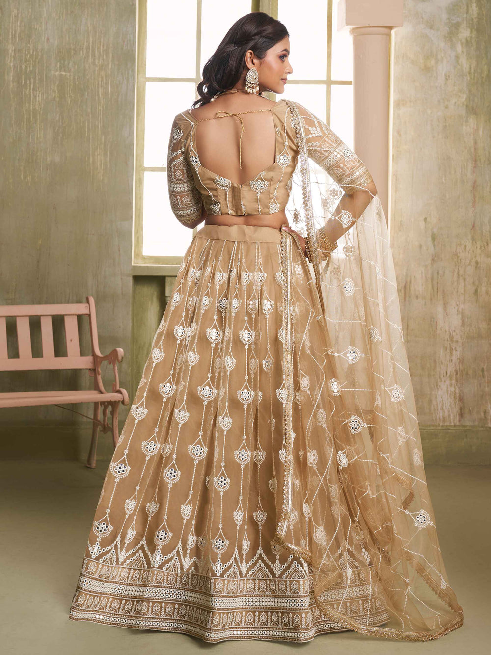 Dazzling Beige Sequins Net Engagement Wear Lehenga Choli