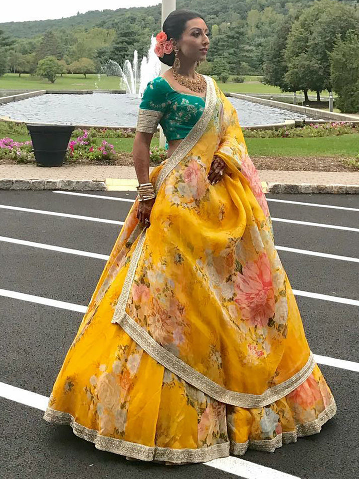 Charming Yellow Floral Printed Organza Wedding Wear Lehenga Choli