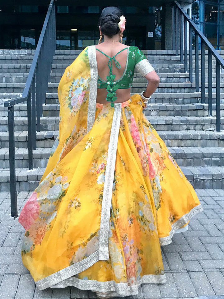 Charming Yellow Floral Printed Organza Wedding Wear Lehenga Choli