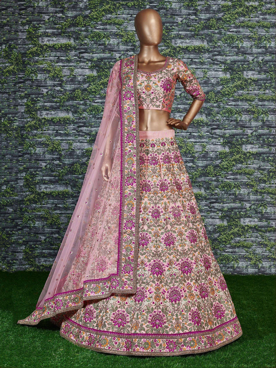 Alluring Peach Embroidered Silk Bridal Lehenga Choli With Dupatta