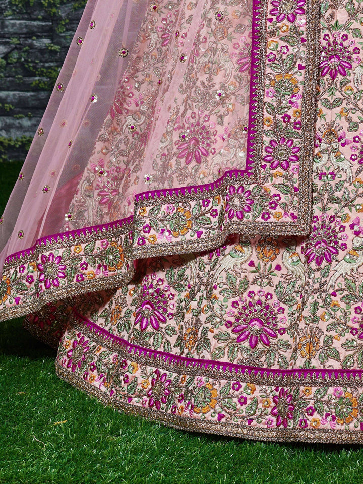 Alluring Peach Embroidered Silk Bridal Lehenga Choli With Dupatta