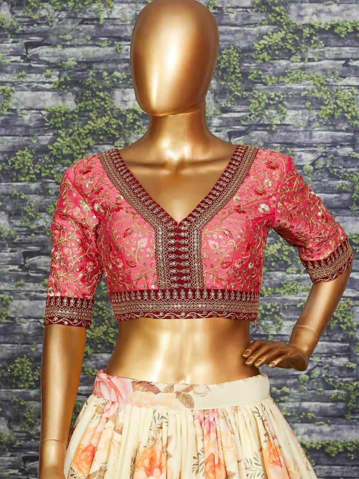 White & Peach Bridal Lehenga | Organza with Velvet Lace & Sequin