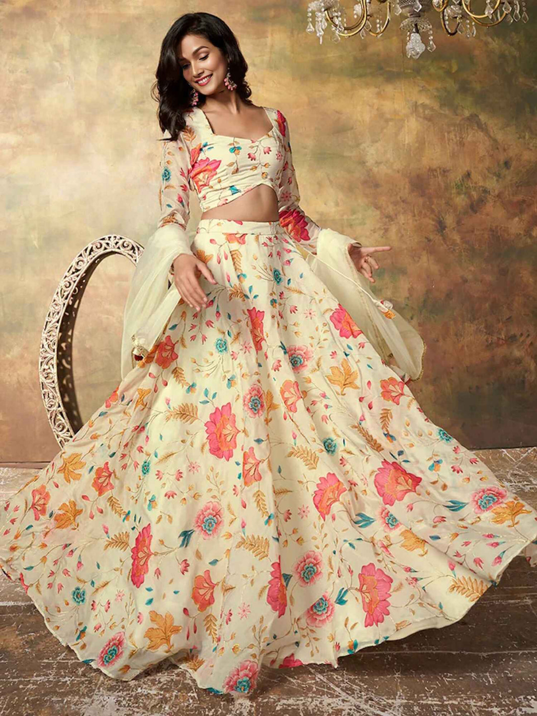 Alluring Beige Floral Printed Organza Reception Wear Lehenga Choli