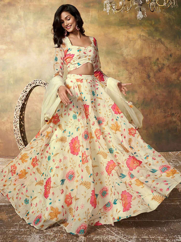 Alluring Beige Floral Printed Organza Reception Wear Lehenga Choli
