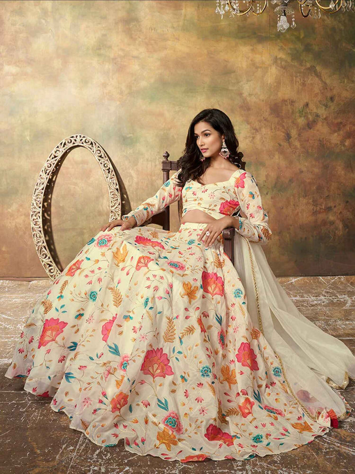 Alluring Beige Floral Printed Organza Reception Wear Lehenga Choli