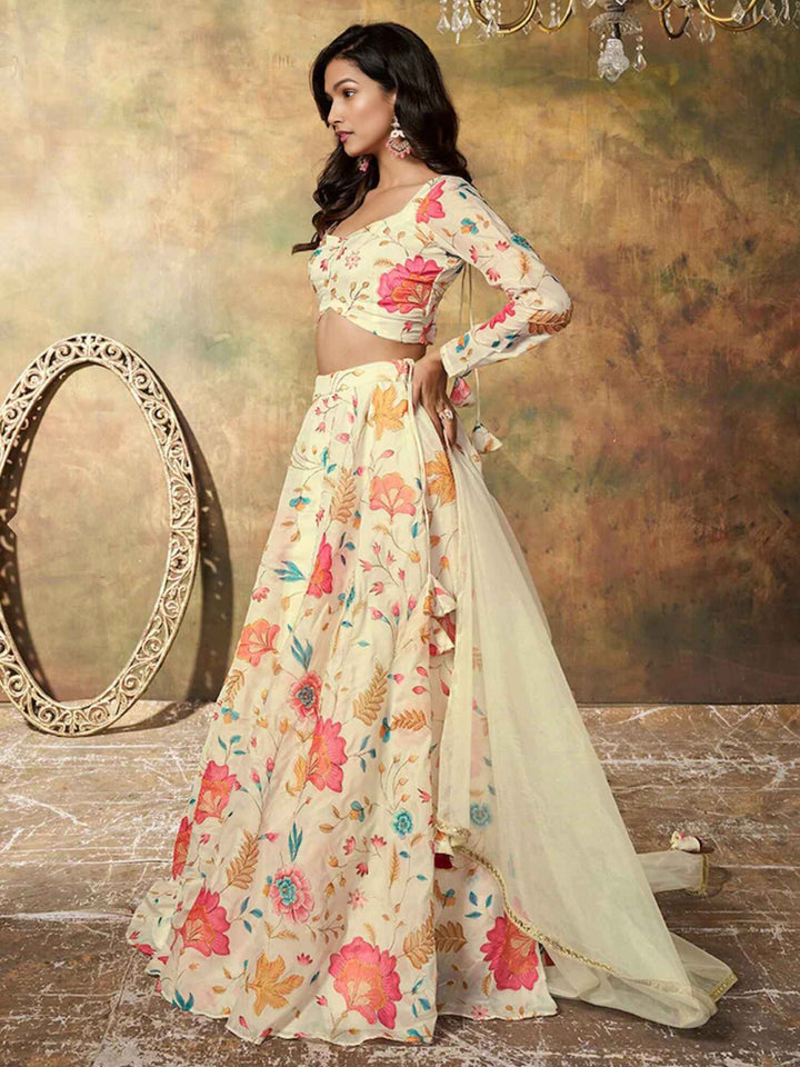 Alluring Beige Floral Printed Organza Reception Wear Lehenga Choli