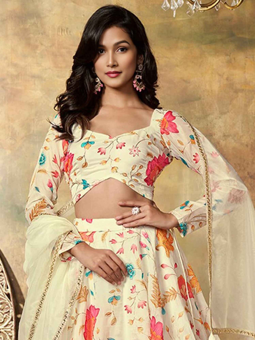 Alluring Beige Floral Printed Organza Reception Wear Lehenga Choli