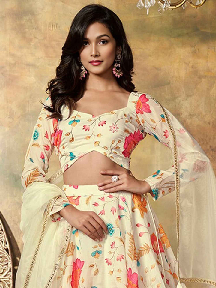 Alluring Beige Floral Printed Organza Reception Wear Lehenga Choli