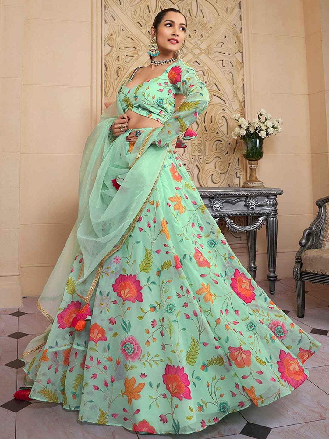 Amazing Green Floral Printed Organza Function Wear Lehenga Choli