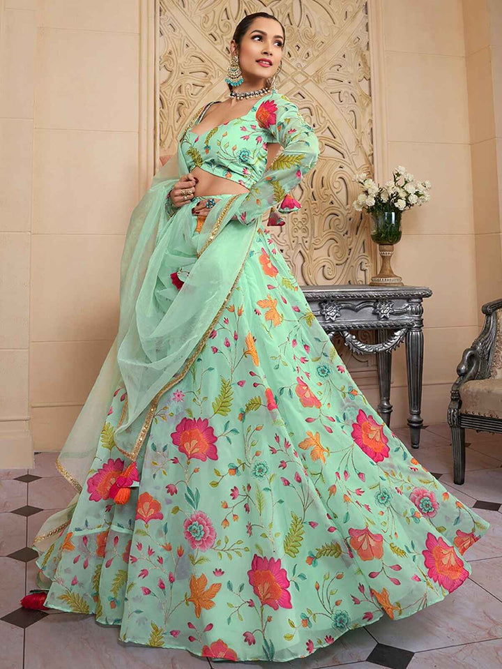 Amazing Green Floral Printed Organza Function Wear Lehenga Choli