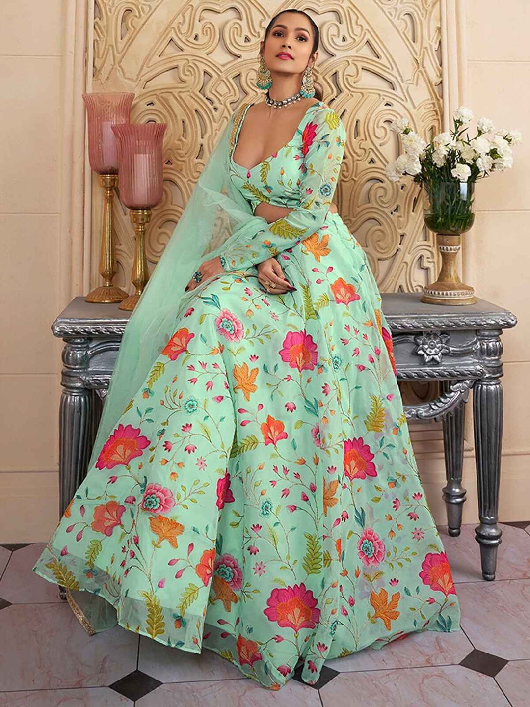 Amazing Green Floral Printed Organza Function Wear Lehenga Choli