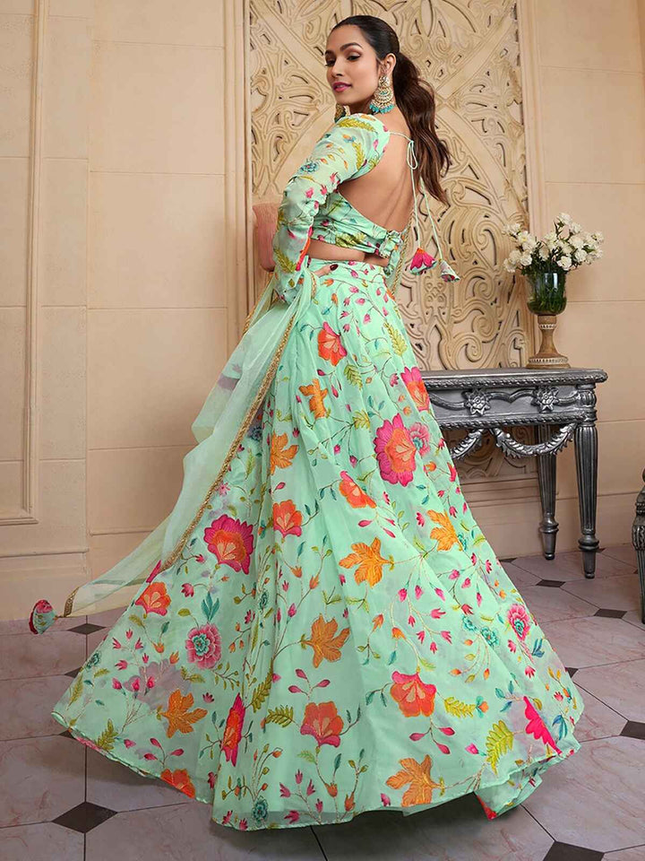 Amazing Green Floral Printed Organza Function Wear Lehenga Choli