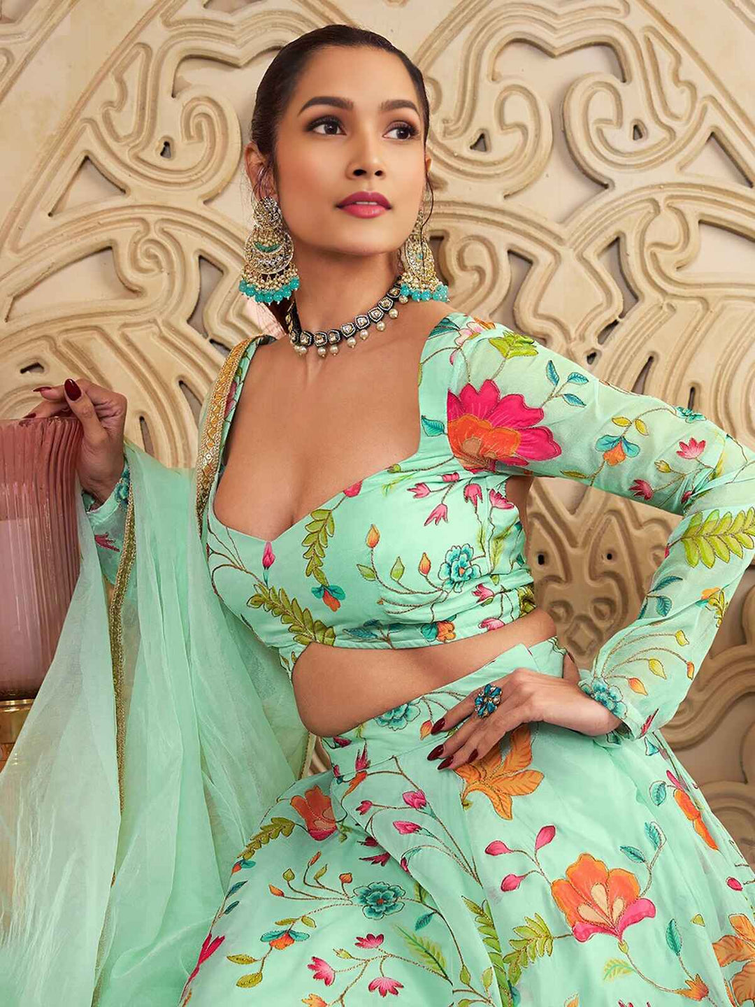 Amazing Green Floral Printed Organza Function Wear Lehenga Choli